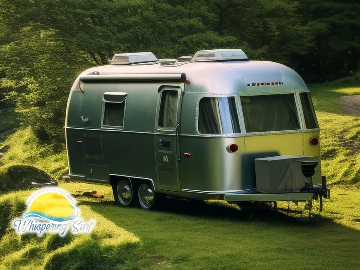 Vintage silver Airstream travel trailer parked on green grass at Whispering Surf Campground