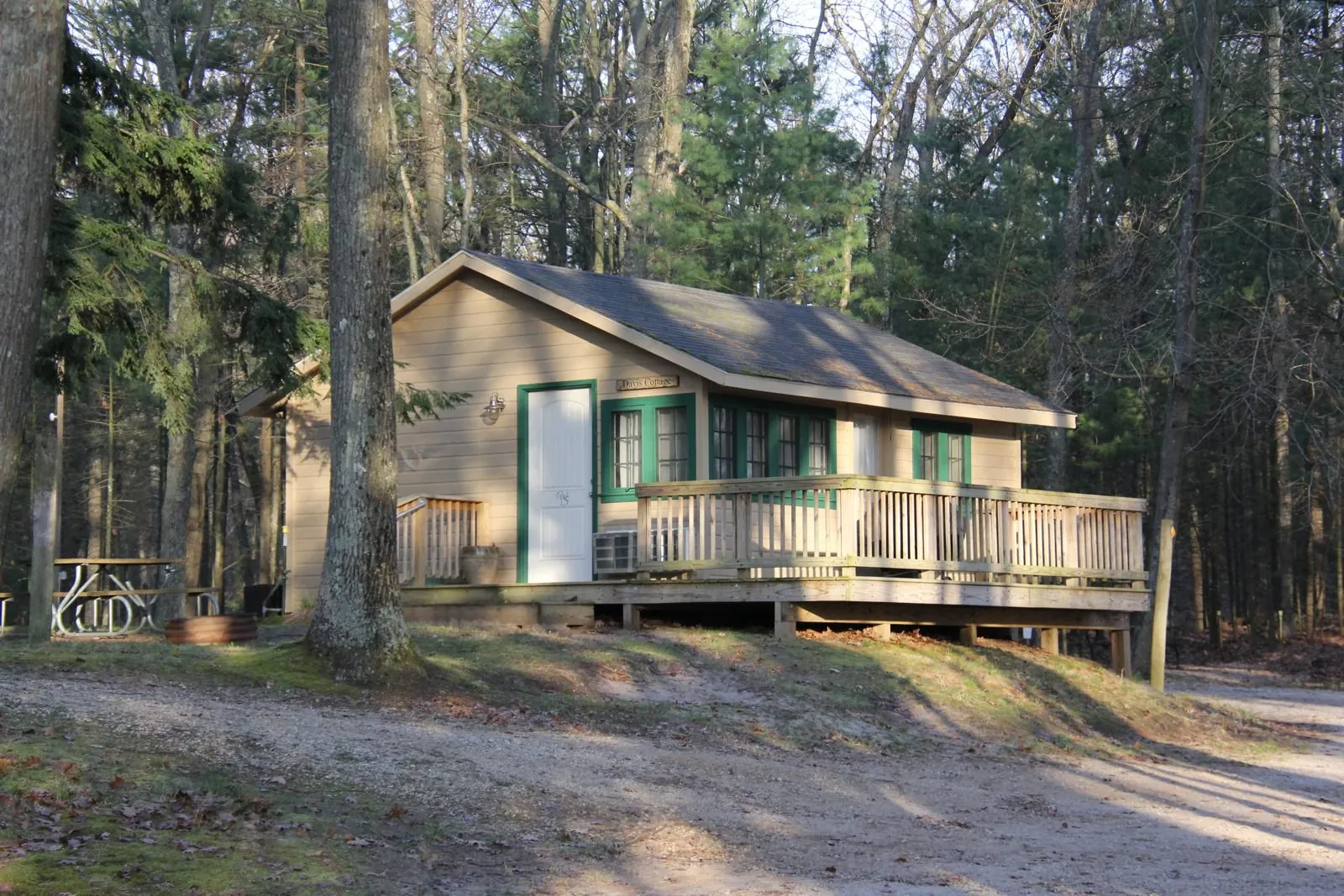 Davis Cottage with its wraparound wooden deck in the pines