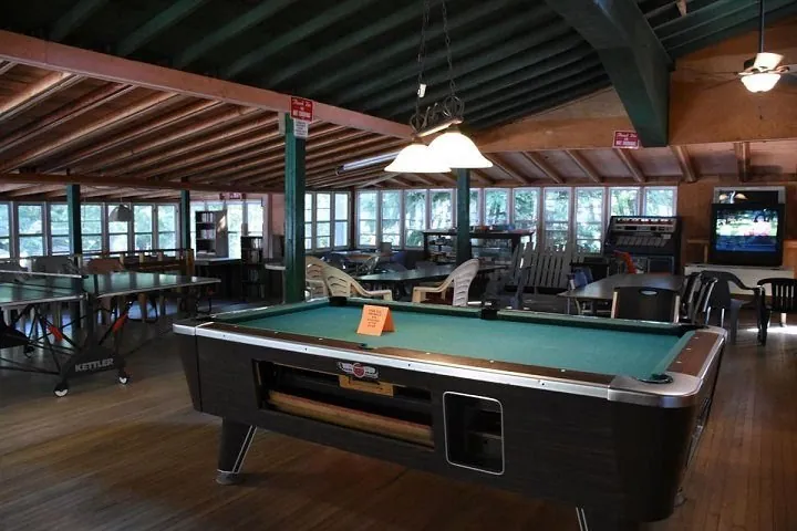 Inside the Lodge with a pool table and lake-view windows