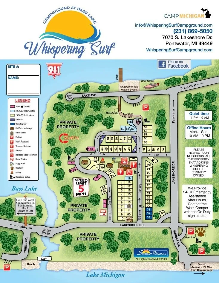 Whispering Surf Campground map showing campsites, Bass Lake and Lake Michigan