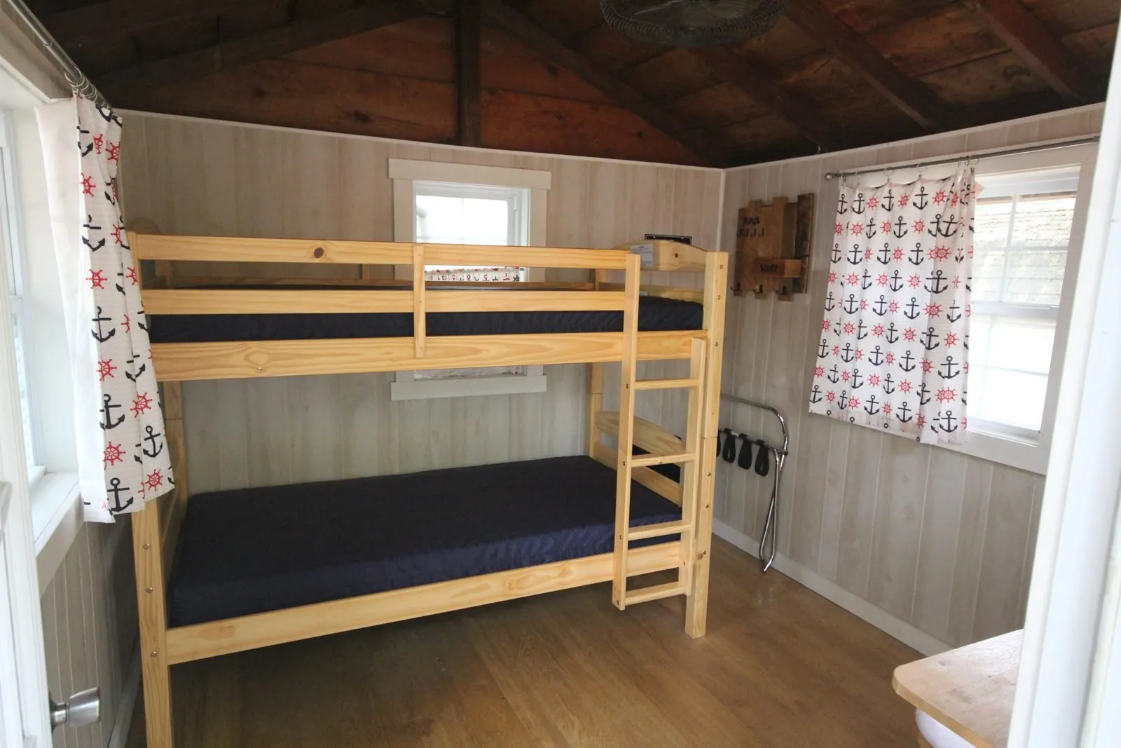 Bunk beds inside the rustic Mayor Cabin