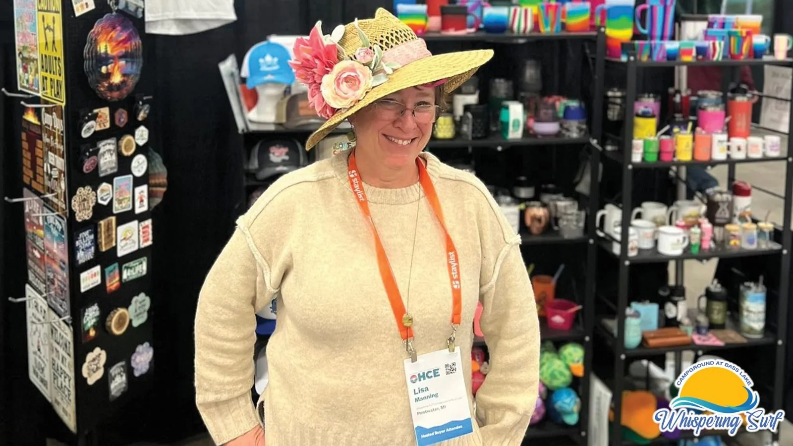 Campground owner in a flower hat in the camp store