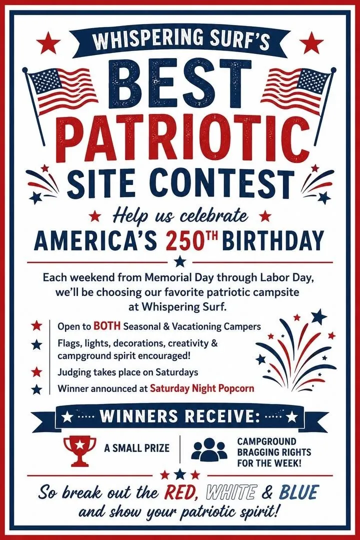 Flyer for Whispering Surf's Best Patriotic Site Contest celebrating America's 250th birthday