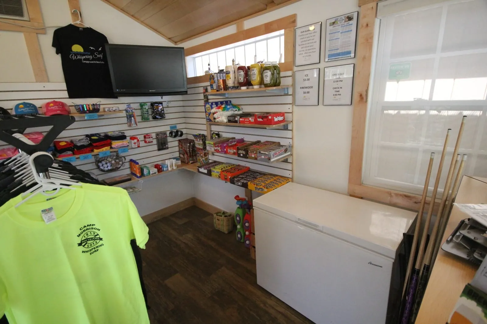 Inside the camp store with T-shirts, hats and souvenirs