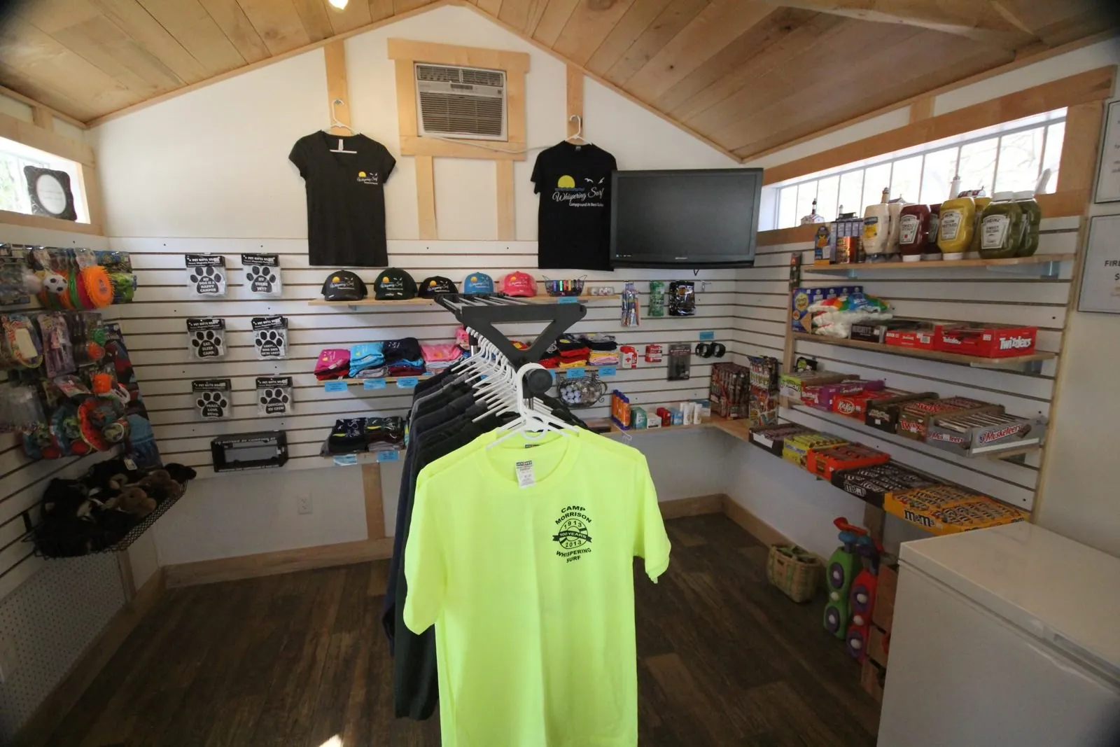 Camp store with Whispering Surf T-shirts and gifts